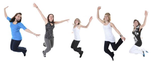 Full length studio photo of attractive woman jumping in air with - Фото, изображение