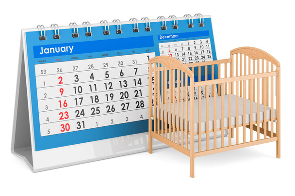 Baby crib, infant bed with desk calendar. 3D rendering isolated on white background  - Photo, Image