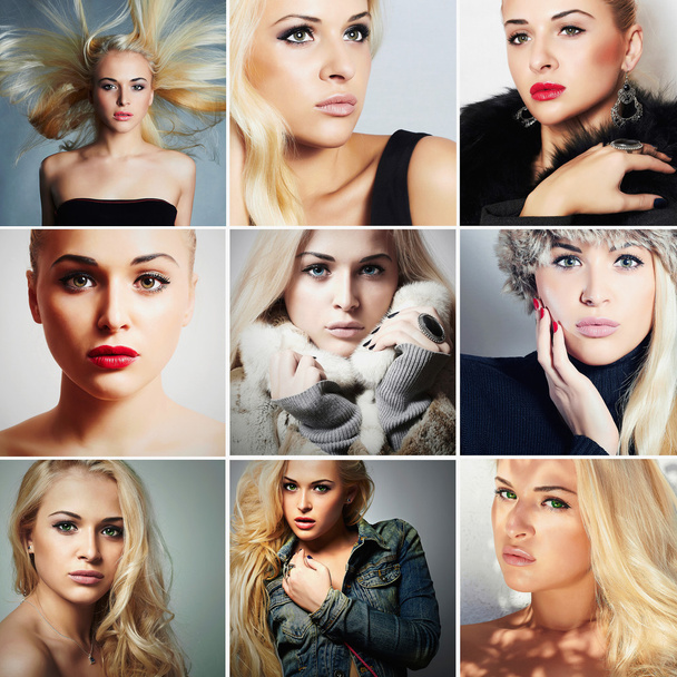 Mode collage. Groep van mooie jonge blonde vrouwen. andere stijl meisjes. Schoonheid woman.pretty blond model - Foto, afbeelding