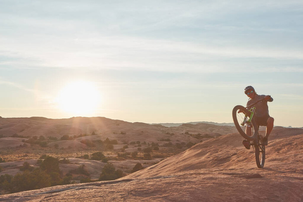Haz algo que excite tu alma. Tiro de longitud completa de un joven atleta masculino haciendo estallar un wheelie mientras ciclismo de montaña en el desierto - Foto, Imagen