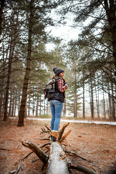 La nature me parle. Vue arrière d'une jeune femme marchant sur un tronc d'arbre dans le désert pendant l'hiver - Photo, image