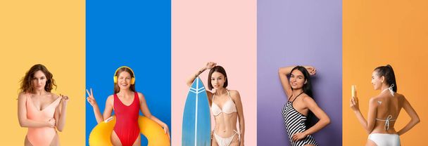 Set van mooie jonge vrouwen in zwemkleding op kleurrijke achtergrond - Foto, afbeelding