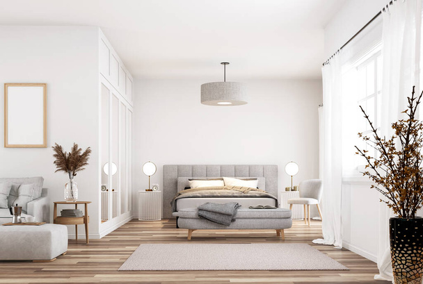Modern style white bedroom and living room3d render The room has a parquet floor decorated with light gray fabric furniture and translucent white curtains, natural light comes through the room. - Фото, зображення