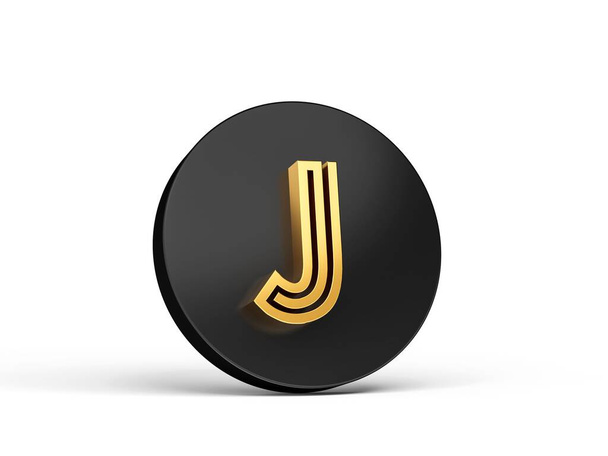 Zbliżenie królewskiego złota nowoczesna czcionka litery J na czarnym przycisku odizolowanym na białym tle - Zdjęcie, obraz