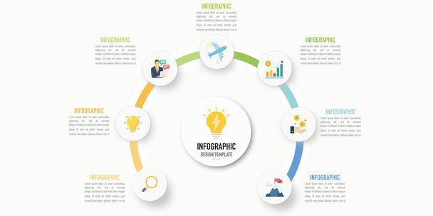 Mind map, roadmap infographic or element with colorful semi circular, circle and icons on white background for business or sale slide, presentation, modern, minimal, simple style, light bulb - Вектор, зображення