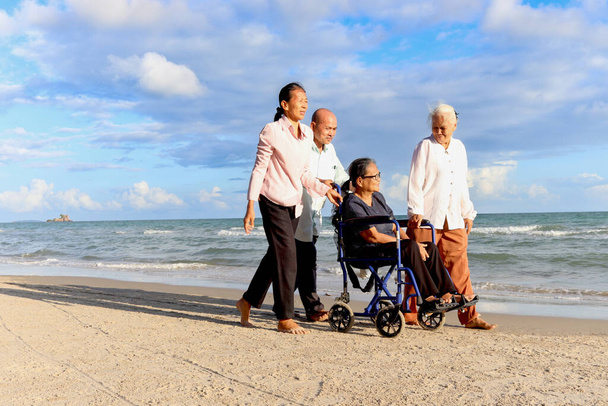 Gruppe von vier gut gelaunten älteren Senioren machen gemeinsam einen Ausflug nach draußen, glückliche behinderte ältere Frau im Rollstuhl reist mit Freunden am Strand, genießt die Zeit im Urlaub. - Foto, Bild