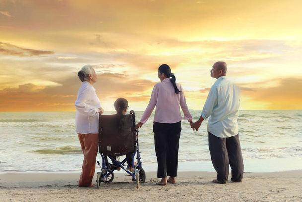 Group of four cheerful elderly old senior have trip outdoor, happy disabled senior elderly woman in wheelchair travel with friends on sunset beach from behind, enjoy together on holiday vacation. - Photo, Image