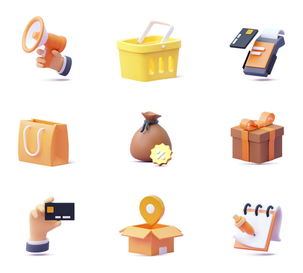 Icon Set für Online-Einkäufe. 3D-Symbole. Warenkorb, Geschenkbox, Tasche, Versand oder Lieferung, Zahlung, Einkaufsliste, Karte, Rabatt, Promotion, Bonus - Vektor, Bild