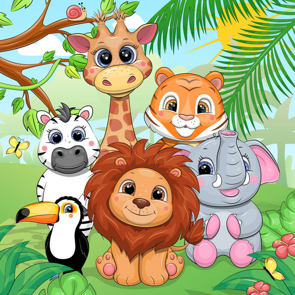 Söpöjä sarjakuvaeläimiä viidakossa. Vektori kuva leijona, toukaani, seepra, kirahvi, tiikeri, norsu luonnossa puita, kukkia ja perhosia. - Vektori, kuva