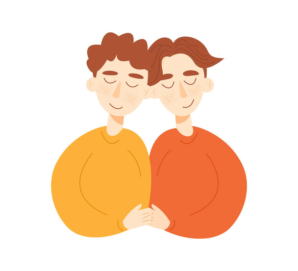 Young male gay couple in love holding hands. Cute vector characters in flat cartoon style. Pride month concept, LGBTQ+ people, homosexual relationships - Vetor, Imagem
