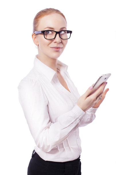 Blonde business woman manager worker in glassess smiles and use  - Photo, Image