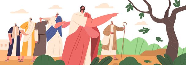 Jézus elátkozott egy fügefát, elszáradt. Megtanította a tanítványait, hogy legyen hite és megbocsátása, ami szükséges volt. Az eset a spirituális gyümölcsösség és képmutatás szimbóluma. Rajzfilm vektor illusztráció - Vektor, kép