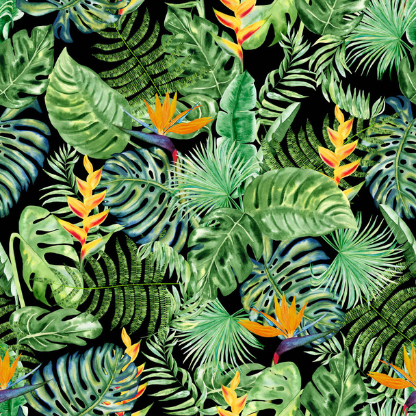 Tropické listy a květiny akvarel bezešvný vzor. Exotické džungle rostliny nekonečné pozadí pro tapety a tkaniny. Havajský ručně kreslený styl pozadí. - Fotografie, Obrázek