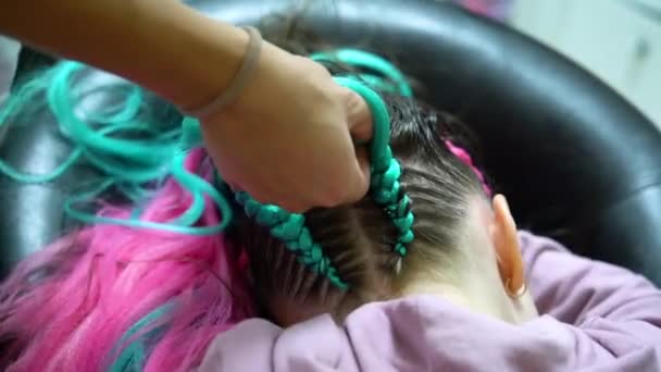 O processo de trançar tranças da moda de kanekalon rosa e azul brilhante para uma menina. De volta à escola. Estúdio de tranças. Foto de alta qualidade - Filmagem, Vídeo