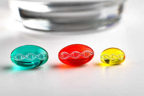 three DND pills of different colors close-up. Space for text. Macro. - Fotoğraf, Görsel