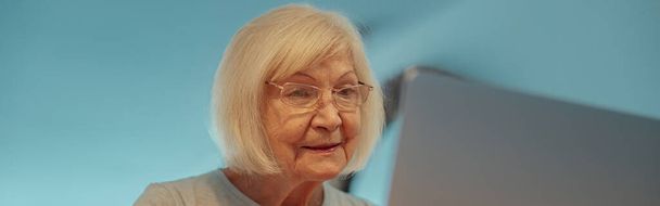 Retrato de señora mayor elegante con gafas concentradas en el trabajo con ordenador portátil en su casa - Foto, Imagen