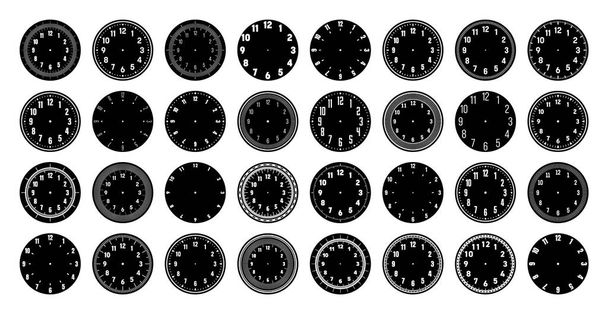 Mekanik saat yüzleri, rakamlarla çevirmeli saat, bezel. Zamanlayıcı ya da kronometre elementinde dakikalar, saatler ve numaralar var. Boş ölçüm çemberi ölçeği ve bölünmeler. Vektör illüstrasyonu. - Vektör, Görsel