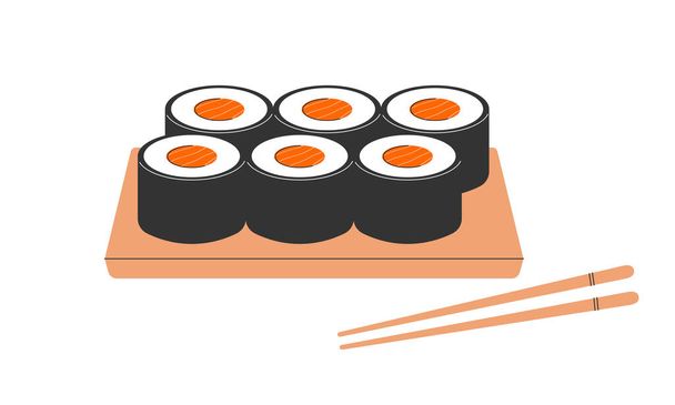 Comida japonesa, rollos de sushi y palillos. Ilustración vectorial plana aislada sobre fondo blanco - Vector, Imagen