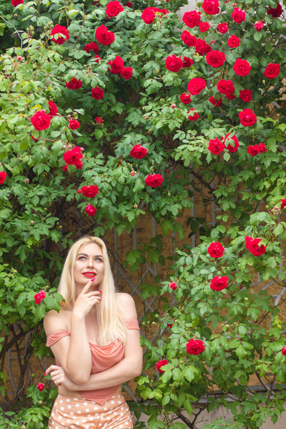 Beautiful woman with long blonde hair and red lips wearing pink clothes poses near blooming roses in garden. Wear light pink top and skirt - Фото, зображення