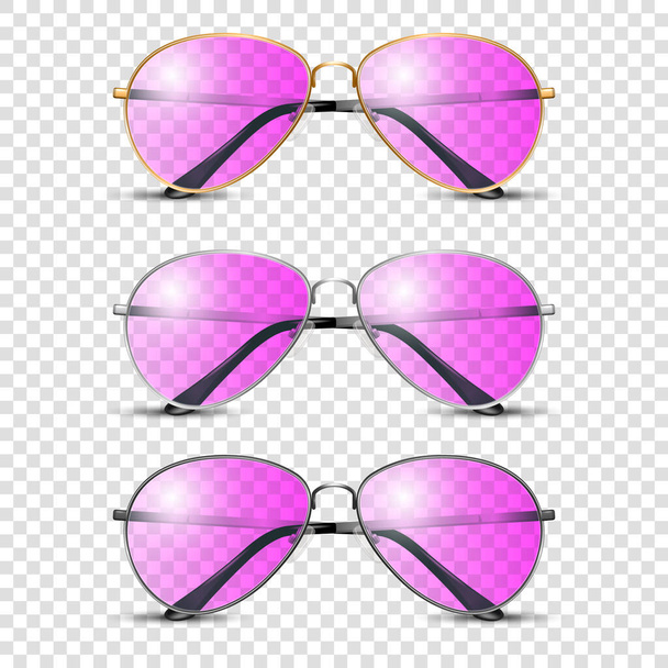Vector 3d Realistic Frame Glasses with Pink Glass. Black, Golden, Silver Color Frame. Pink Transparent Sunglasses for Women and Men, Accessory. Optics, Lens, Vintage, Trendy Glasses. Front View. - Vettoriali, immagini