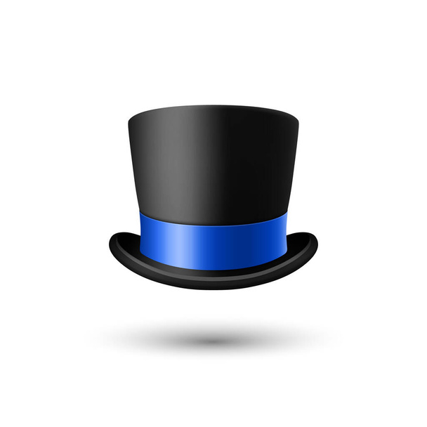 Vector 3d Realistic Black Top Hat Icon with Blue Ribbon Closeup Isolated. Classic Retro Vintage Top Hat, Vintage Gentlemans Mens Hat, Front View. - Вектор,изображение