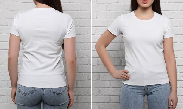 Woman wearing white t-shirt near brick wall, back and front views. Mockup for design - Foto, Imagen
