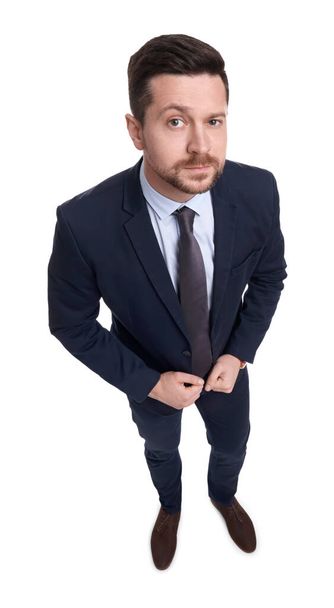 Handsome bearded businessman in suit on white background, above view - Foto, afbeelding