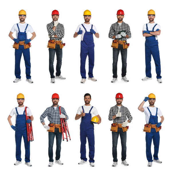 Photos of builder with construction tools on white background, collage design - Foto, Imagem