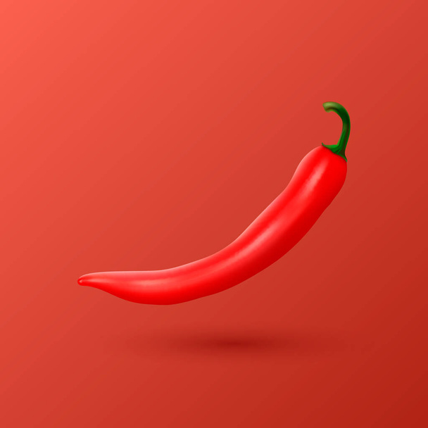 Vector 3d Realistic Red Whole Flying Fresh and Hot Chili Pepper Closeup Isolated on Red Background. Spicy Chili Hot Pepper Design Template. Front View. Vector Illustration. - Διάνυσμα, εικόνα