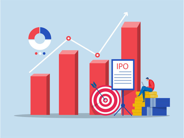 IPO, pierwsza oferta publiczna. analityk biznesowy i koncepcja strategii inwestycyjnej, ilustracja wektora płaskiego. - Wektor, obraz