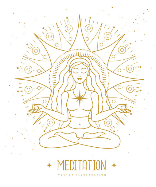 Young Woman meditation in lotus position at the sun dawn. Sun astrology sign. Vector illustration - Vektör, Görsel