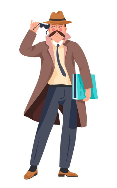 private investigator or officer working on case undercover, isolated man character wearing coat and sunglasses holding top secret files and confidential documents. Vector in flat style illustration - Vektör, Görsel