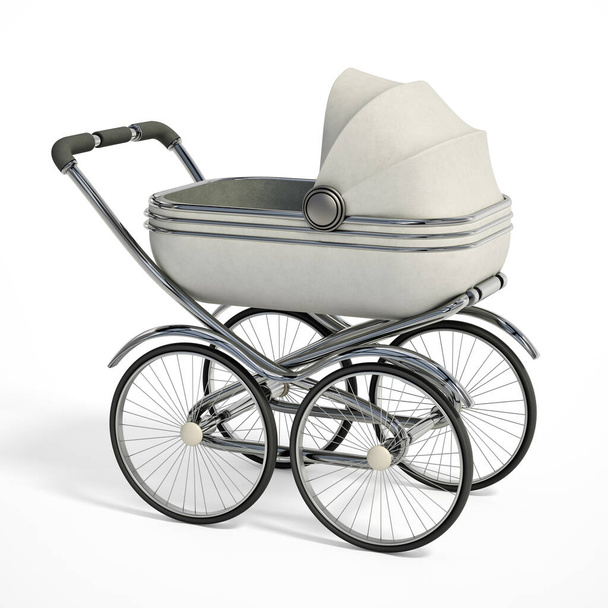 Vintage baby stroller isolated on white background. 3D illustration. - Фото, изображение