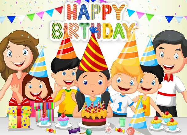 glückliches Mädchen Cartoon bläst Geburtstagskerzen mit seiner Familie und Freunden - Vektor, Bild