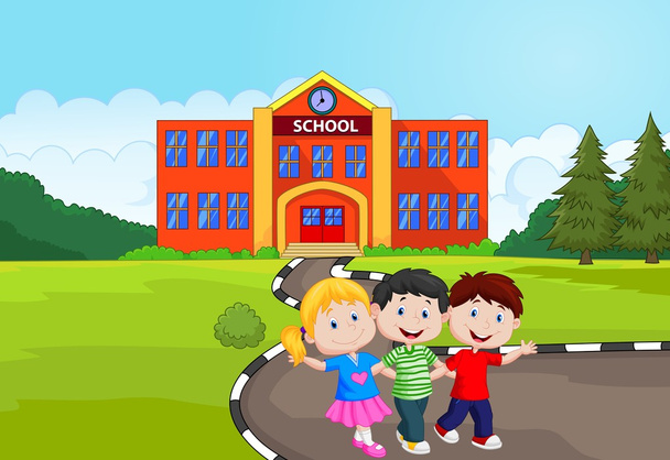 Happy school children cartoon in front of school - Vector, Image
