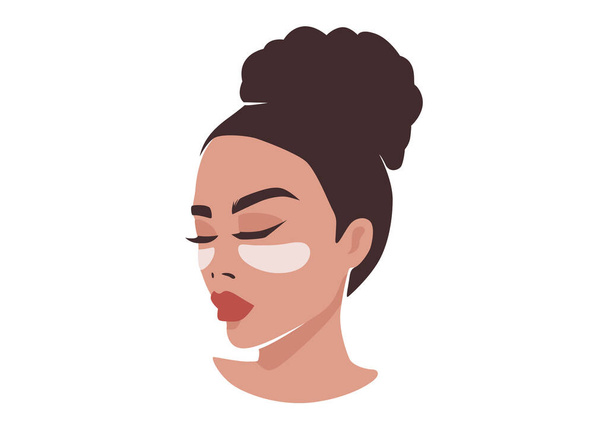 Young Girl with Eye Patches Modern Vector Illustration. Close up Beautiful Woman Portrait. Morning Skincare Routine. - Вектор, зображення