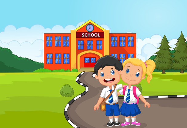 Два счастливых студента мультфильма стоят перед зданием школы
 - Вектор,изображение