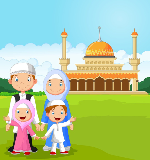 Rajzfilm boldog muszlim családban - Vektor, kép