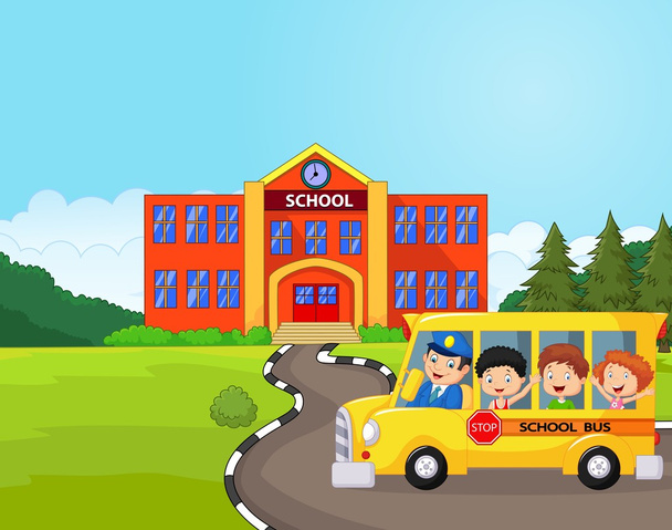 Dibujos animados un autobús escolar y los niños delante de la escuela
 - Vector, Imagen