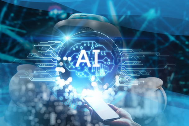 AI脳知能AI技術デジタルグラフィックデザインエレクトロニクスロボットや人間の脳科学や人工知能技術革新と未来のAI機械学習 - 写真・画像