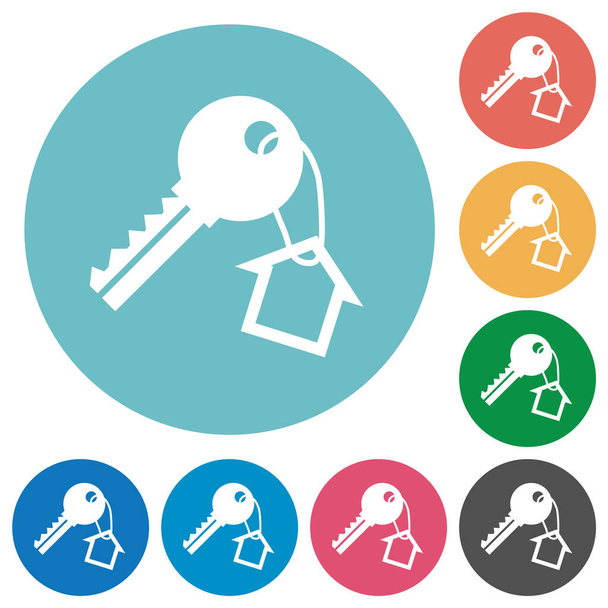 Key and small house on the key ring flat white icons on round color backgrounds - Vector, Image