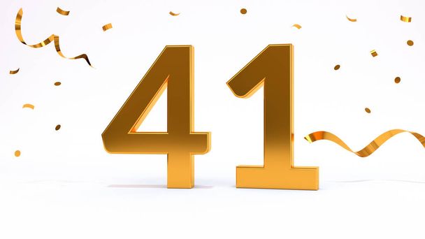 Happy 41 birthday party celebration. Gold numbers with glitter gold confetti, serpentine. Festive background. Decoration for party event. One year jubilee celebration. 3d render illustration - Photo, Image