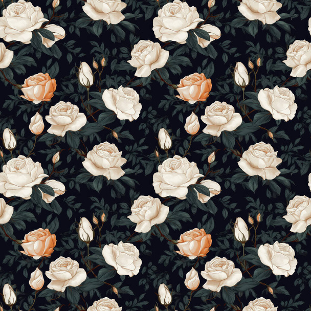 Nahtloser Hintergrund aus weißen Rosen auf dunklem Hintergrund, mit einem anspruchsvollen Kunststil - Foto, Bild