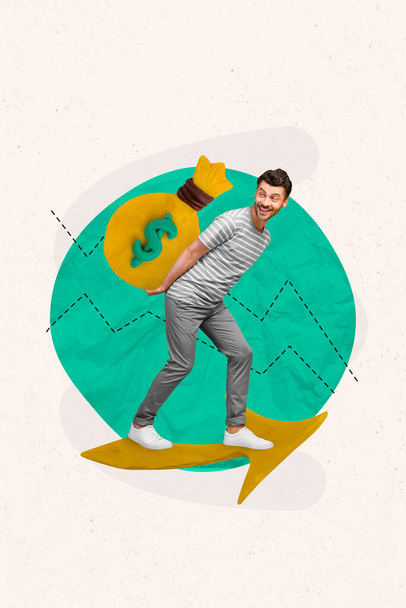 Collage 3d pinup pop retro sketch image of excited guy holding big money sack isolated painting background. - Fotoğraf, Görsel