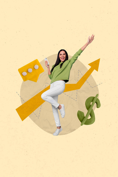 Vertical creative composite collage of young woman business consultant rise salary income arrow graph profit isolated on yellow background. - Valokuva, kuva