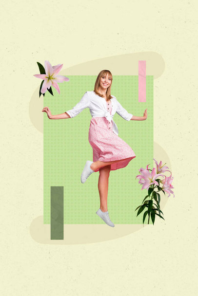 Creative abstract template graphics collage image of charming sweet lady getting flower bunch isolated colorful background. - Φωτογραφία, εικόνα