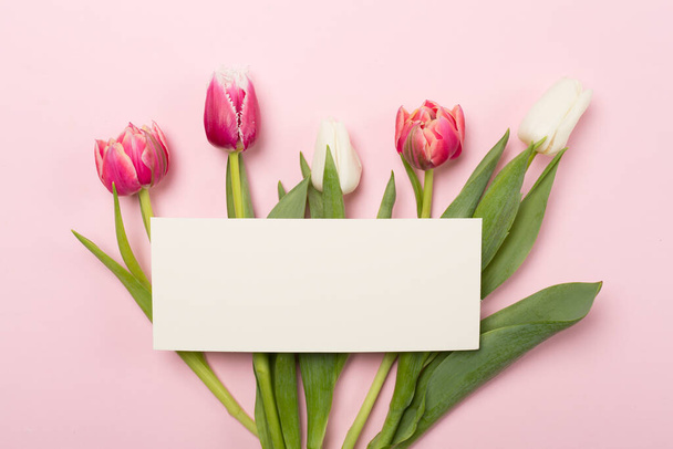 Bright tulips on color background, top view. Greeting card mockup - Foto, afbeelding
