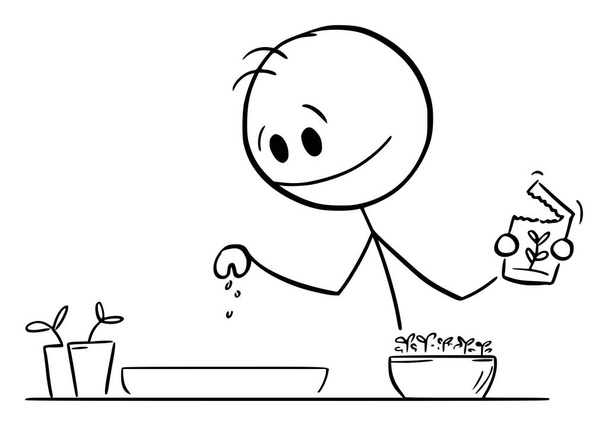 Person or gardener planting flower or vegetable seeds in pots, vector cartoon stick figure or character illustration. - Vektor, obrázek