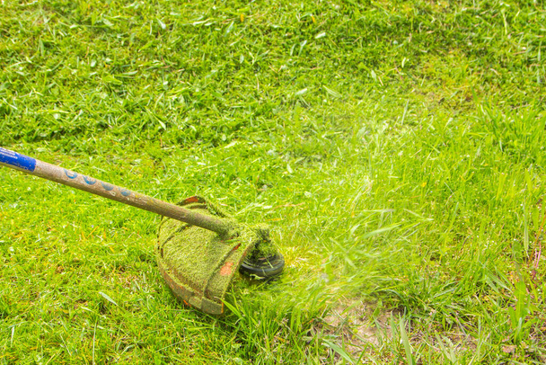 un hombre corta la hierba con una motosierra en el patio. el jardinero está cortando hierba con un cortacésped. - Foto, Imagen