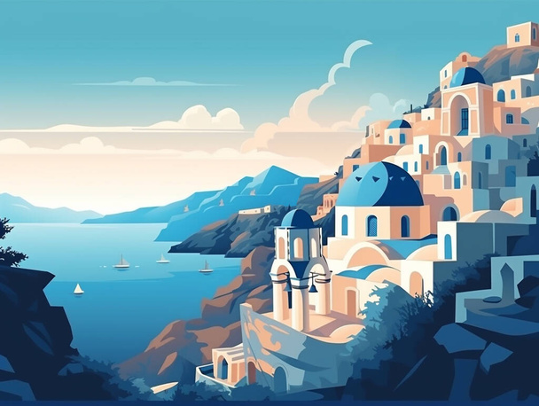Hermoso Santorini en vista de la ilustración. La vista al atardecer. Santorini es muy popular como destino turístico. - Foto, imagen